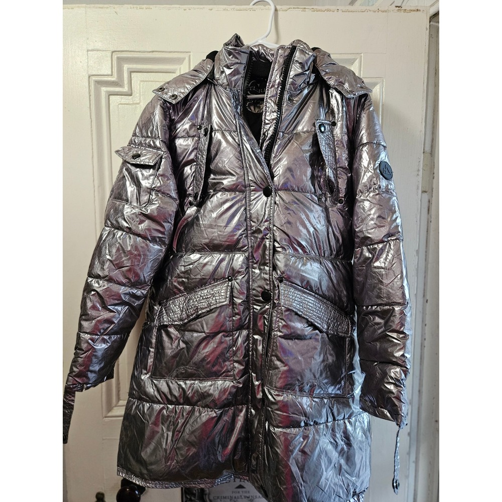 Celsius Premium Metallic Silver Puffer Coat Faux Fur Hood Winter Parka Womens XL